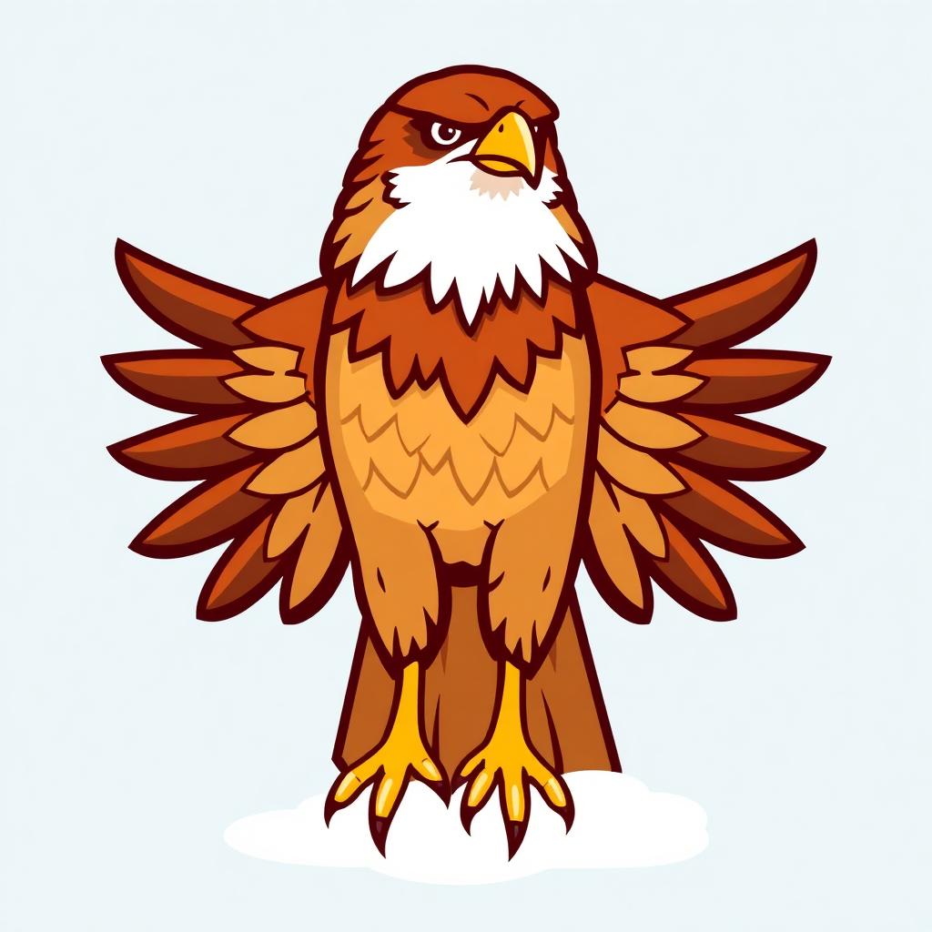 The image is a digital illustration of a bird of prey, specifically a hawk. The bird is standing on a white background and is facing towards the right side of the image. It has a brown body with a white crest on its head and a yellow beak. Its wings are spread out behind it, and its talons are yellow. The hawk's eyes are black and its head is tilted slightly to the side. The illustration has a cartoon-like quality to it.