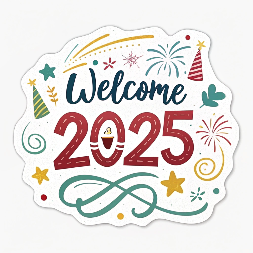 The image shows a poster with the words Welcome 2025 written in bold, white lettering against a bright blue background. The poster also features a colorful sticker with the year 2025 written in a bright yellow font. The sticker is surrounded by a white border, giving it a cheerful and celebratory feel.