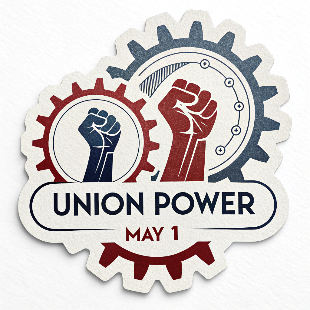 A sticker showing a stylized gear interlocking with another, with a raised fist symbol embedded within the center connection point. Text: 'Union Power - May 1'.