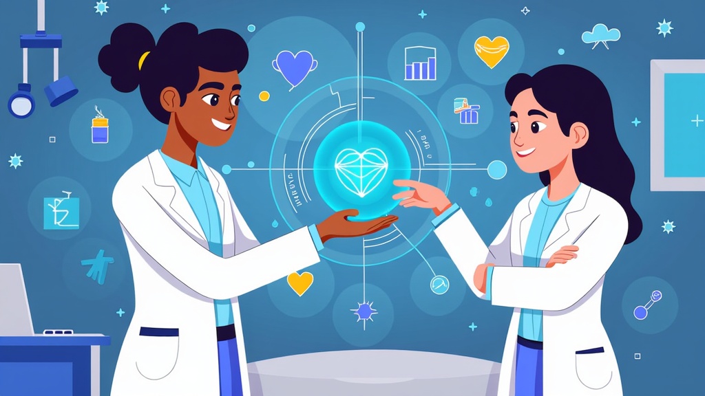 A holographic interface displaying a patient's biological data streams, with an AI overlay highlighting potential future health risks as glowing anomalies or predictive trend lines. A diverse doctor and patient observe with thoughtful expressions.