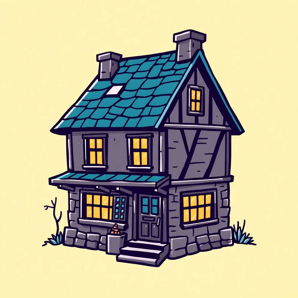 The image is a digital illustration of a two-story house with a sloping roof. The house is made of stone and has a gray exterior with a blue tiled roof. There are two chimneys on either side of the roof and two windows on the front of the house. The windows have yellow frames and there is a small porch with a wooden door and steps leading up to the front door. There is a plant on the ground next to the porch and a small tree on the left side. The background is a light yellow color.