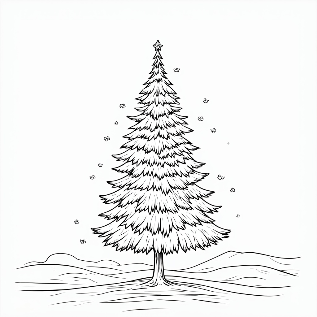 The image is a black and white line drawing of a Christmas tree. The tree is tall and slender with a pointed top and a coniferous trunk. It is standing on a flat surface with a few small snowflakes scattered around it. The background is plain white, making the tree the focal point of the image. The image is square in shape and has a simple, minimalist design.