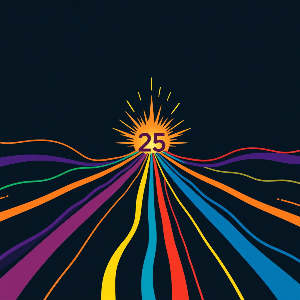 Converging Paths/Spark: Illustrate diverse global Pride journeys as stylized paths in rainbow hues converging towards a central, radiant point – a 'spark' of unity for WorldPride 2025. This 'spark' could incorporate '25' or a subtle globe, representing the 'Evolving Connections' theme.