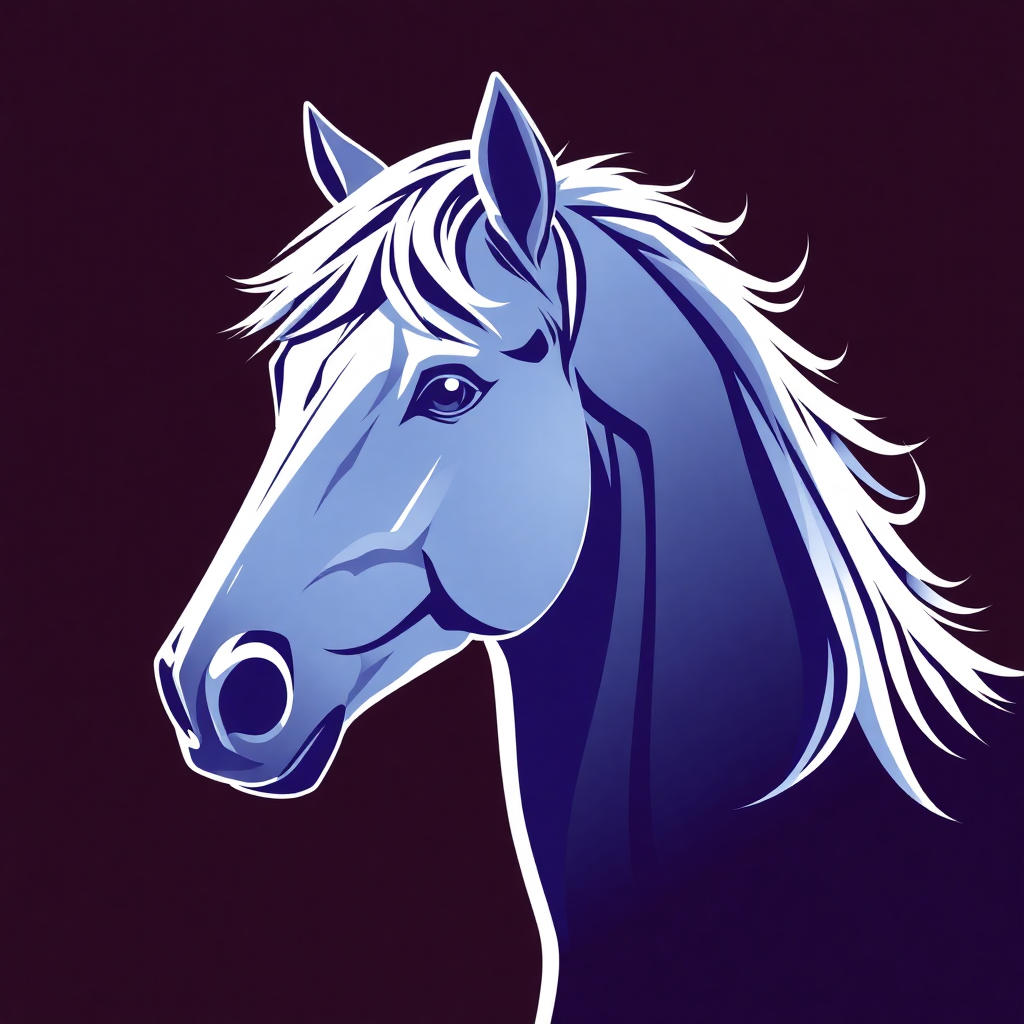 The image is a digital illustration of a horse's head. The horse is shown in a side profile view, with its head facing towards the left side of the image. The background is a dark purple color, and the horse's face is outlined in white. The head is a light blue color with a white mane and tail. The mane is flowing in the wind and the tail is a lighter shade of blue. The overall style of the illustration is simple and minimalistic.