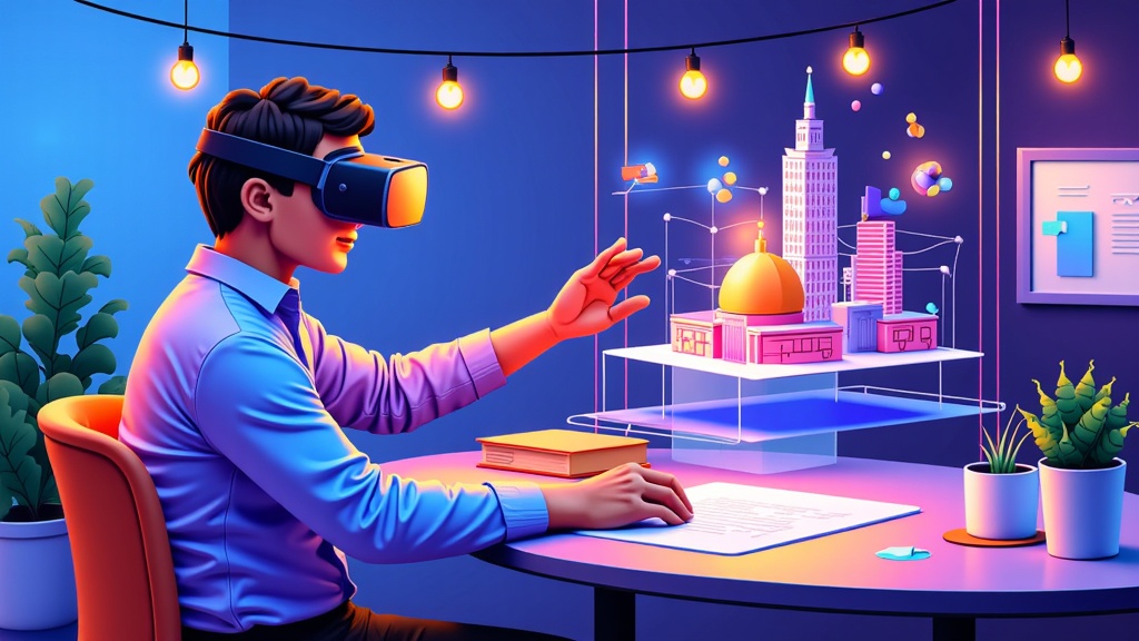 A design showing a user wearing a sleek MR headset, interacting with digital overlays in their real-world environment – for example, an architect manipulating a holographic building model on a physical desk, or a medic viewing patient vitals overlaid on their vision.