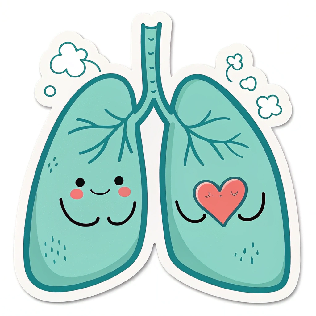 Simple icon design for sticker: A simplified, friendly icon of a pair of bright blue or green lungs with a small smiling face or a tiny heart embedded within, conveying warmth and health.