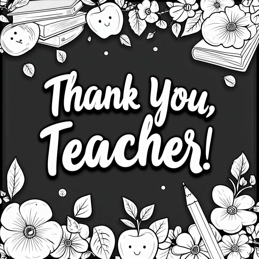 A classic chalkboard design with 'Thank You, Teacher!' written in elegant chalk script, bordered by illustrations of apples, books, and pencils, all ready for coloring.