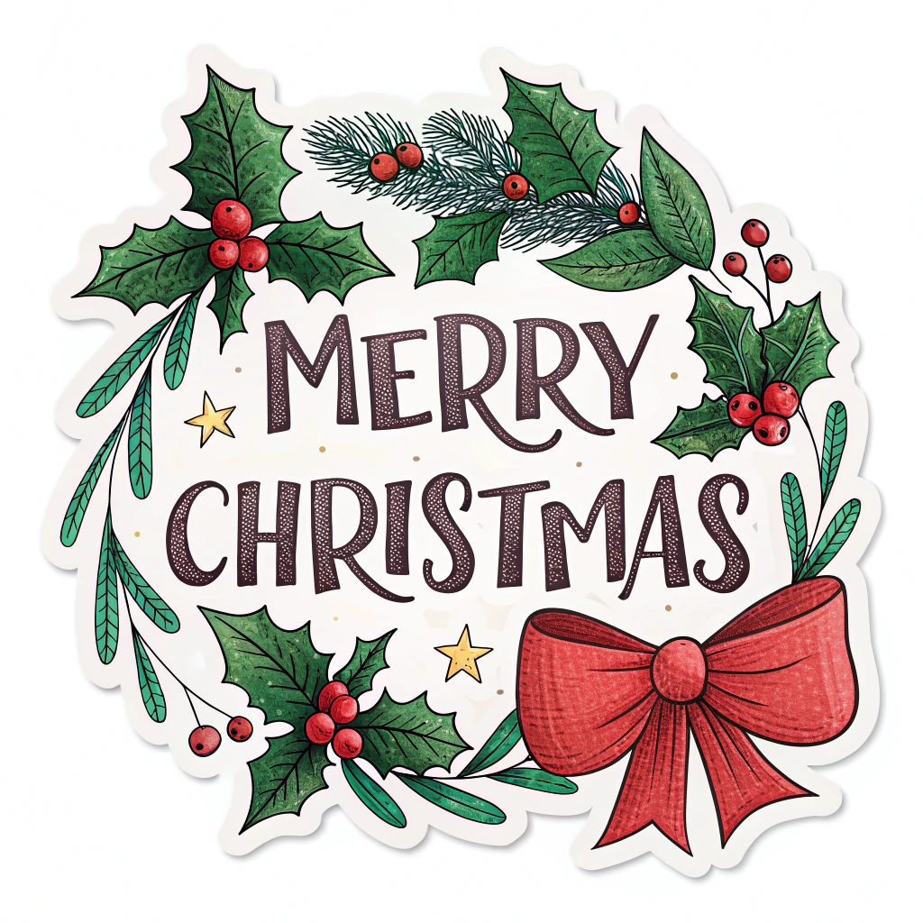 The image shows a merry christmas sticker with holly leaves, berries, and a red bow. The sticker is decorated with festive colors and symbols, such as snowflakes, stars, and holly berries. The text reads 