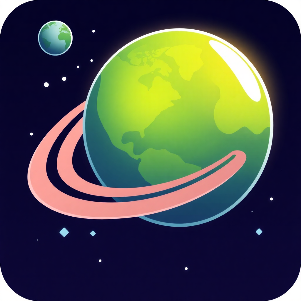 The image is an illustration of a planet with a ring around it. The planet is green and yellow in color, with the continents and oceans clearly visible. The ring is pink and appears to be floating around the planet. The background is black with small white dots scattered around. On the top left corner of the image, there is a small blue planet, which is the Earth. The overall color scheme of the illustration is blue, green, and pink.