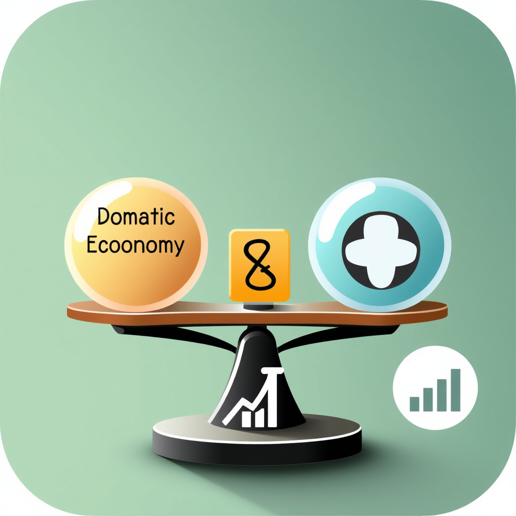 Economic Scale Imbalance Icon: A balance scale with 'Domestic Economy' and 'International Trade' (or generic goods icons) on its pans. A 'Tariff' weight (represented as a block with a '%' or 'T') is added to one side, visibly tilting the scale. A small graph icon below or beside the scale shows the resulting economic shift.