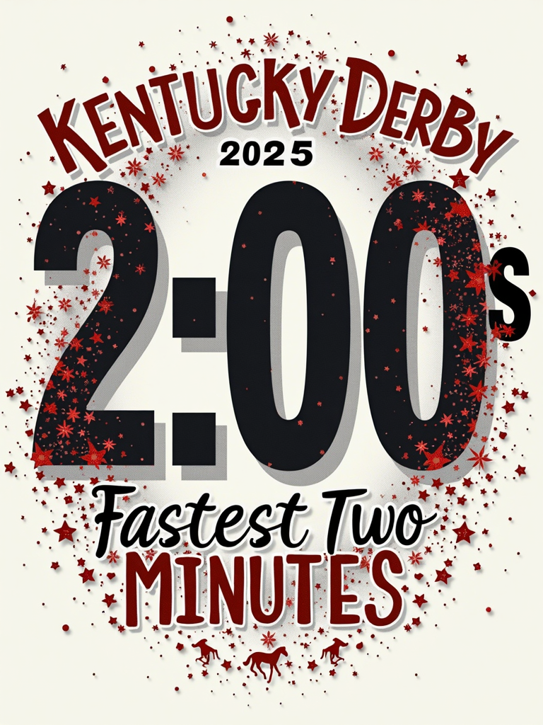 Number-Focused Typography: A design centered around a large, stylized '2:00' or '120s' (for 120 seconds). 'Kentucky Derby 2025' and 'Fastest Two Minutes' are incorporated using varied typography, evoking a sense of urgency and precision. Horse motifs are subtle.