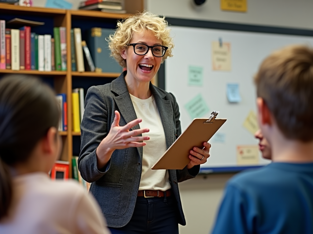 An English teacher, animated in her explanation, holds a clipboard detailing the literary analysis task. Books by classic authors like Shakespeare and Austen fill the shelves in the background.