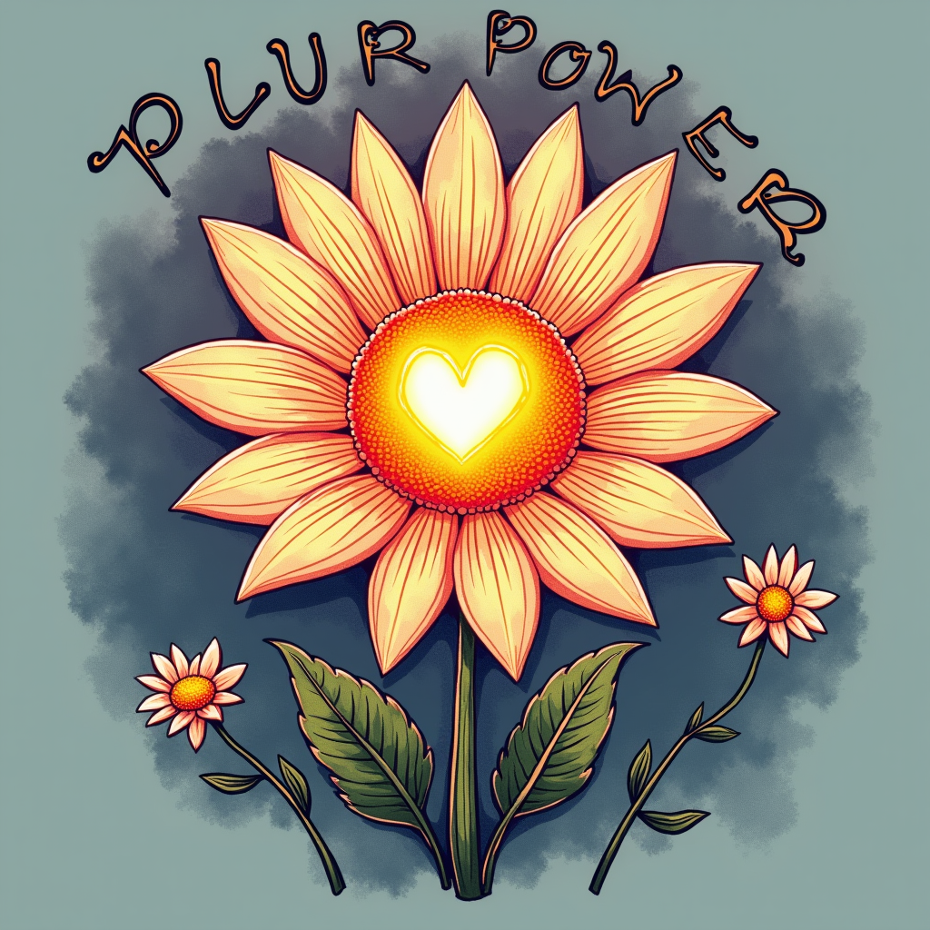 A hand-drawn illustrative style depicting a blooming daisy whose petals are shaped like outstretched hands coming together in unity. Inside the center of the daisy, a radiant electric heart glows. 'PLUR POWER' is written in a flowing, organic script around the design as a border.