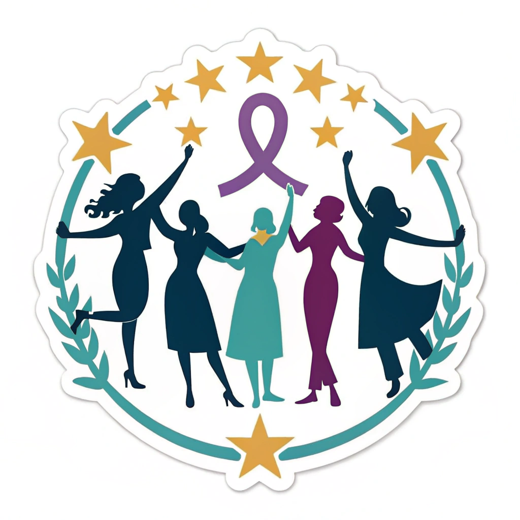 Create an icon featuring a stylized silhouette of diverse women supporting each other, forming a circle. The circle symbolizes unity and the interconnectedness of women in business. Use colors associated with empowerment and solidarity, such as purple, teal, and gold.