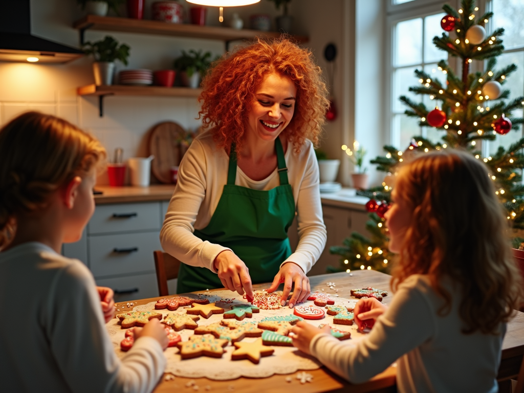  a mother and two young girls in a kitchen with a Christmas tree in the background. The mother is wearing a green apron and has curly red hair, and she is smiling as she works on a gingerbread cookie. The girls are sitting at a wooden table and are gathered around the table, working together to decorate the cookies. The table is covered with a white tablecloth and there are several cookies scattered across it. The Christmas tree is decorated with colorful ornaments and lights, and there is a window on the right side of the image that lets in natural light. The kitchen is lit by a warm glow from the window, creating a cozy atmosphere.