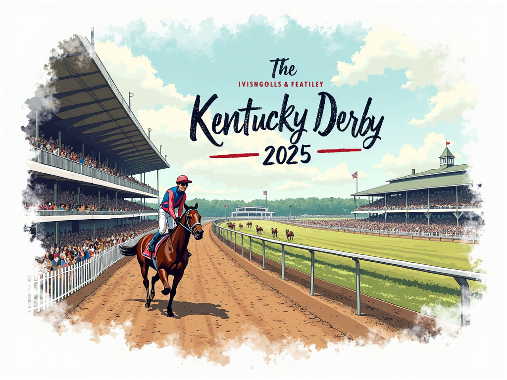 A vibrant, painterly illustration showing a section of Churchill Downs with a glimpse of the track, incorporating the lively atmosphere (though not detailed crowds). 'Kentucky Derby 2025' in a slightly distressed, celebratory font.