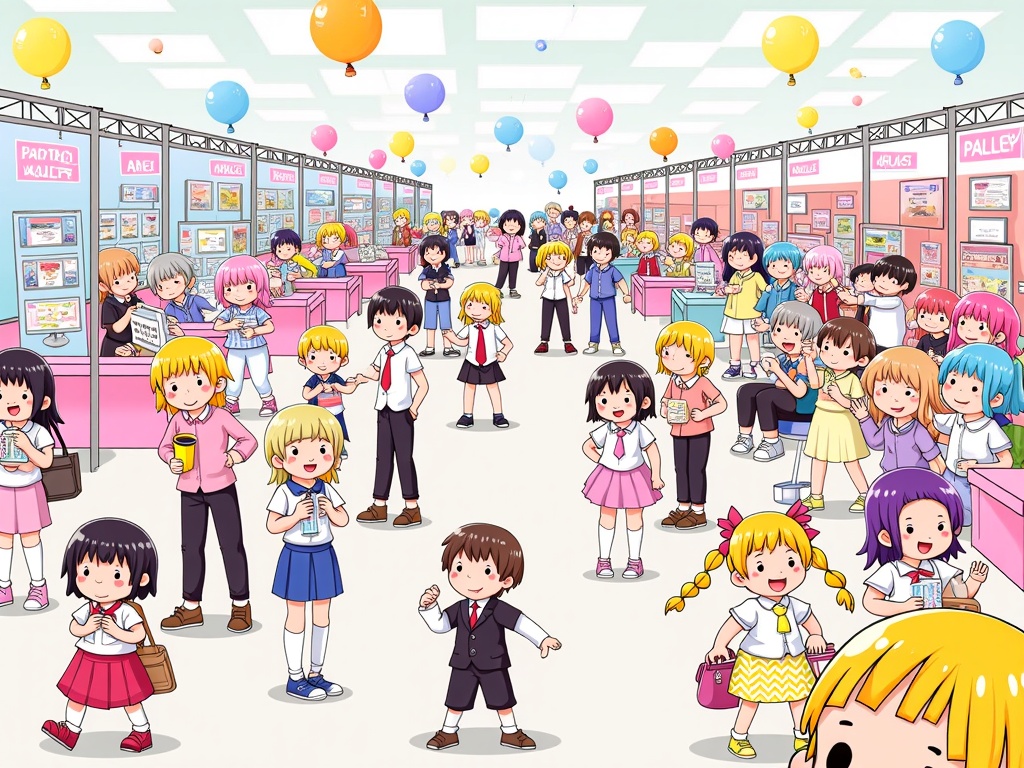 Kawaii Convention Experience: Depict typical convention scenes (like artist alley, cosplay gatherings, or panels) entirely in chibi form. Attendees, staff, and even environments are miniaturized and made exceptionally cute, highlighting the 'kawaii overload' in everyday con activities.