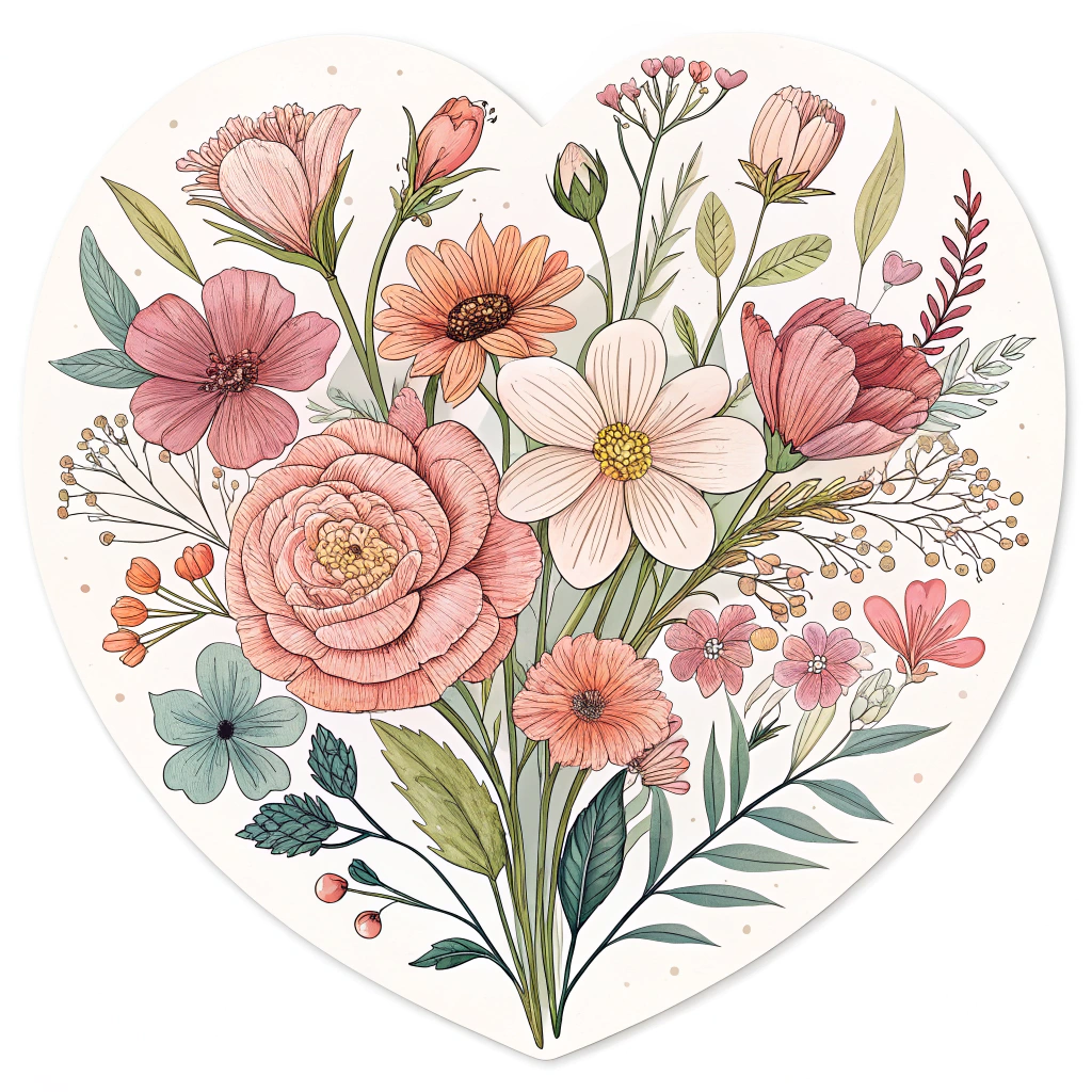 A circular sticker featuring a bouquet of various flowers forming a heart shape, with a soft, pastel color palette.