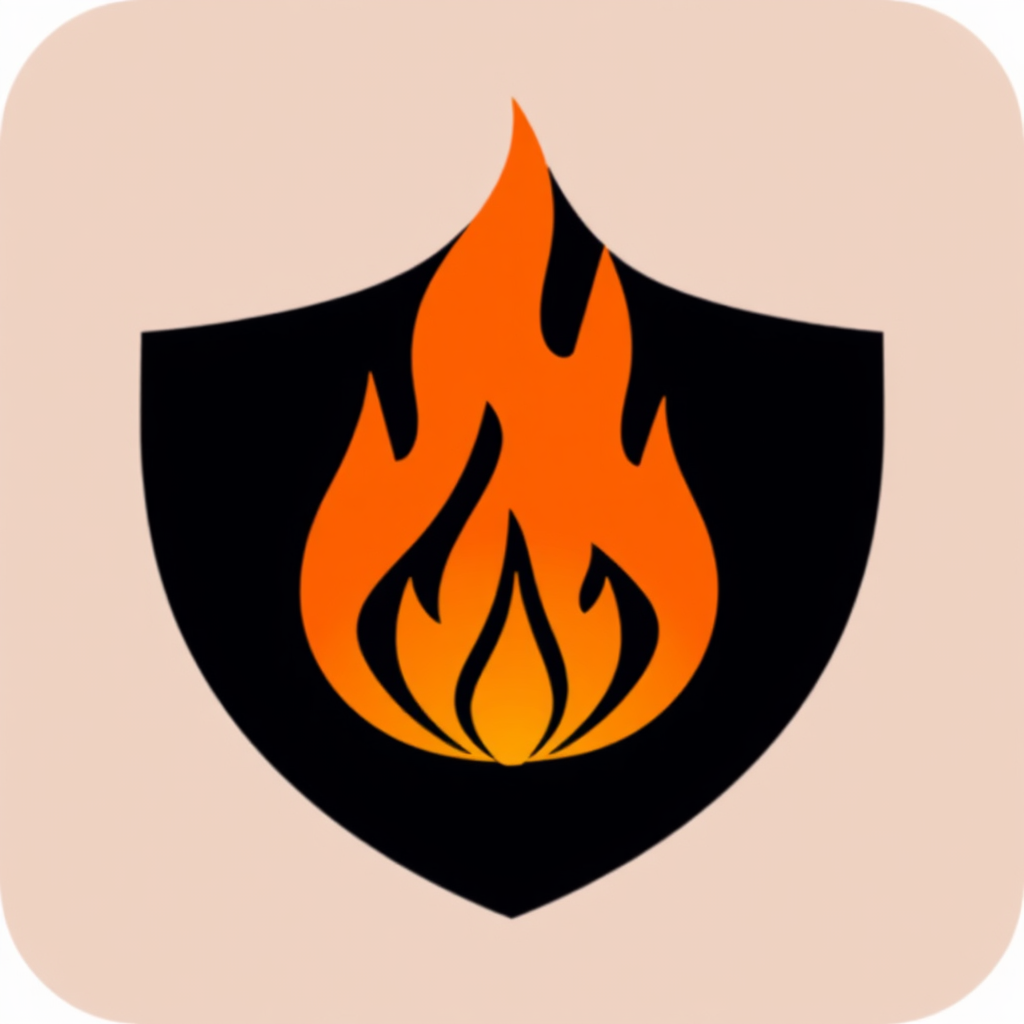 Abstract flame design with negative space forming a shield, hinting at fire safety.