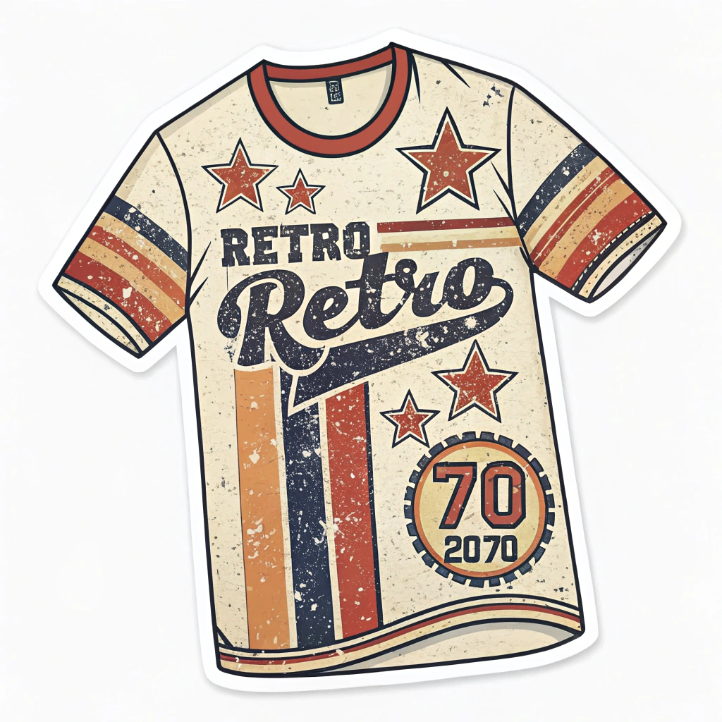 The image is a sticker of a retro-style t-shirt design. The design is in the style of the 80s or 90s, with a beige background and red and orange stripes on the sleeves and collar. The stripes are arranged in a diagonal pattern, with the word Retro Retro written in a cursive font in the center. Above the word, there are three red stars, representing the 70th anniversary of the design. On the right side of the shirt, there is a large orange circle with the number 70 in the middle, which is likely the year the design was created. The overall design has a vintage or retro feel to it.