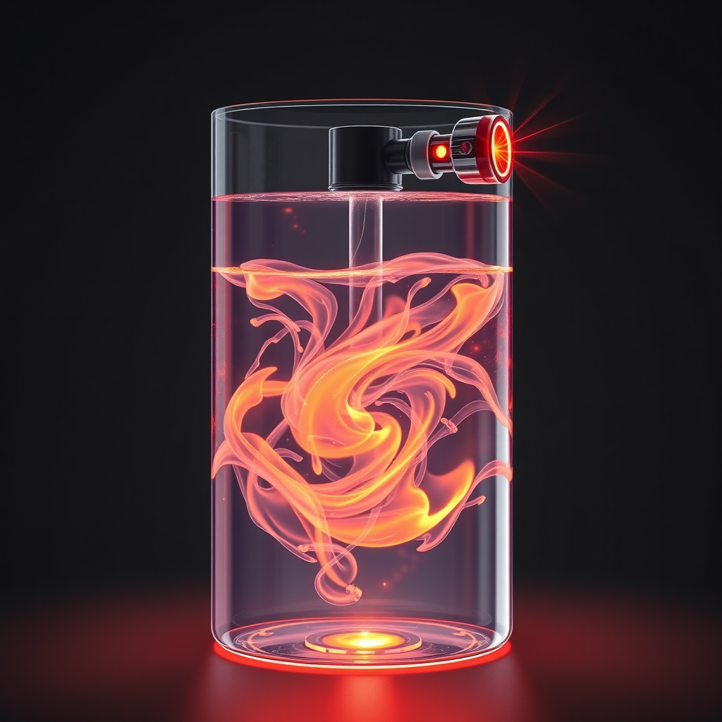 A transparent container housing a visible, swirling fire-suppressant liquid, illuminated with internal lights. The form would be less cylindrical, perhaps more angular, and the nozzle would resemble a high-tech laser.