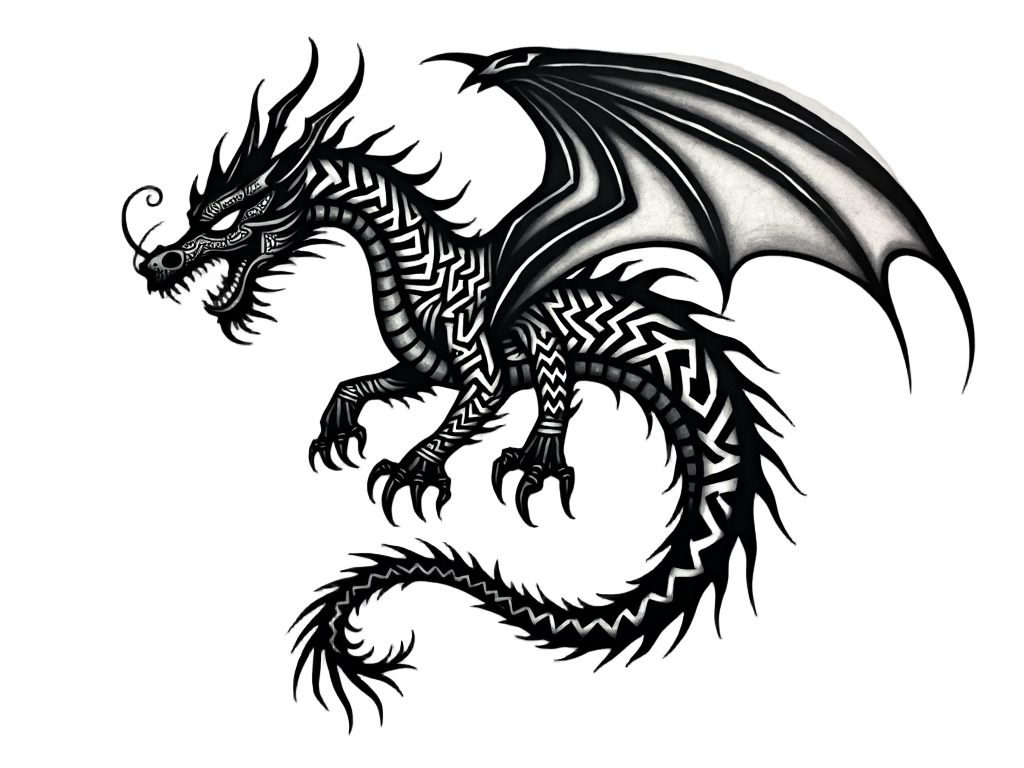 A tribal dragon tattoo in bold black ink, its wings extending over a shoulder blade, with geometric patterns highlighting the dragon's fierce eyes and snout.