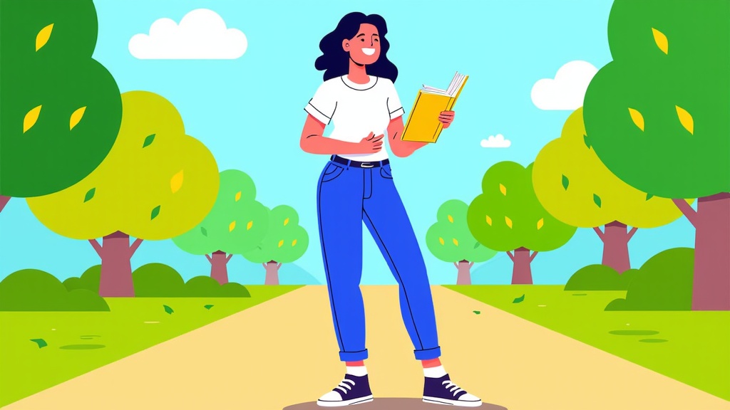  a young woman standing on a pathway in a park. She is wearing a white t-shirt, blue jeans, and black sneakers. She has long dark hair and is smiling as she reads a book in her hands. The pathway is lined with trees on both sides and there is a blue sky with white clouds in the background. The trees have green leaves and the ground is covered in grass. The overall mood of the image is cheerful and relaxed.