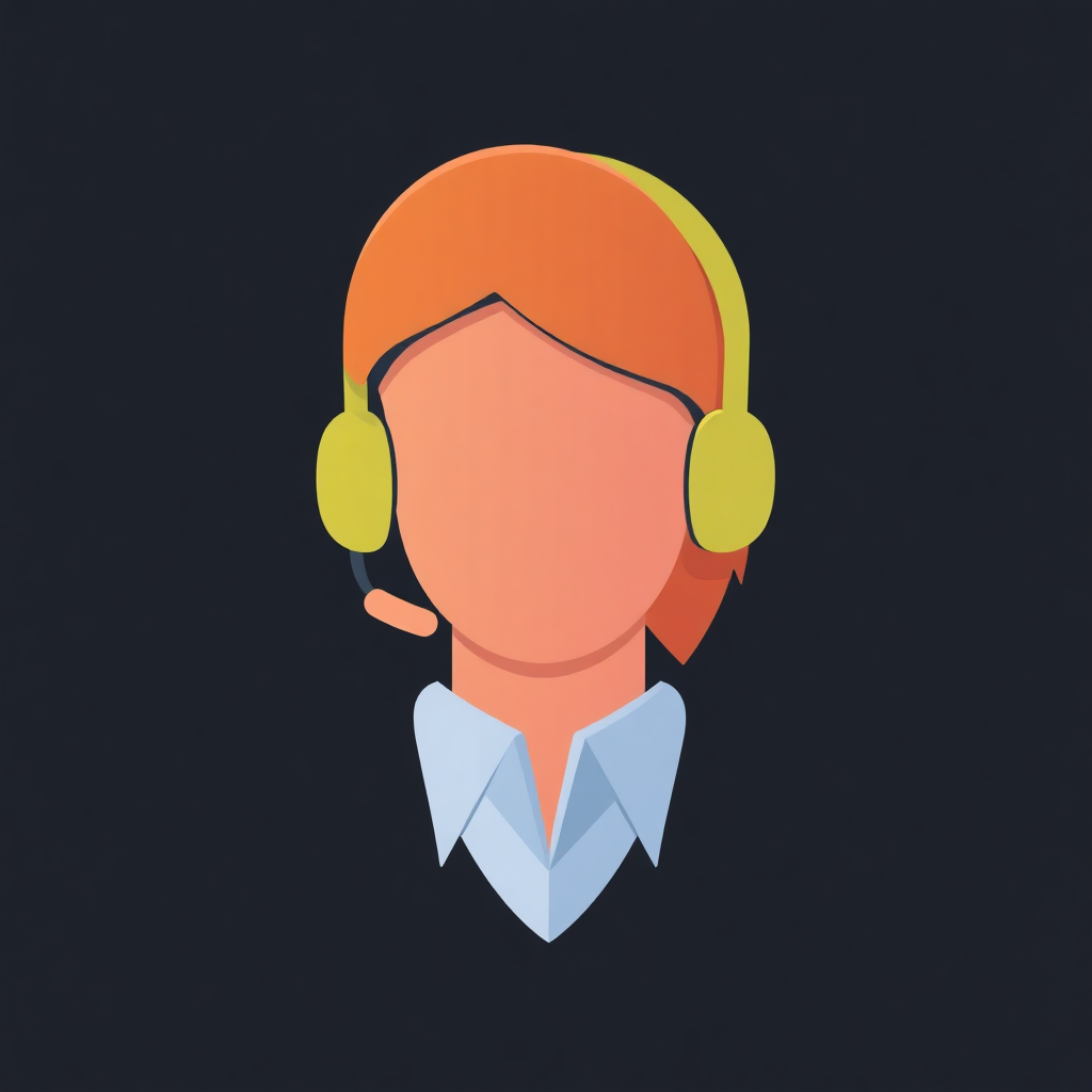 The image is an illustration of a person's head with orange hair and yellow headphones. The person is wearing a blue collared shirt and the background is black. The illustration is in a flat design style and the person's face is in the center of the image. The headphones are yellow and appear to be wireless. The image has a simple and minimalistic design.