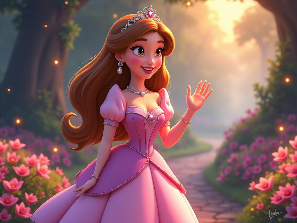 A charming princess with big, sparkling eyes and a kind smile, wearing a pastel-colored gown and a delicate tiara.