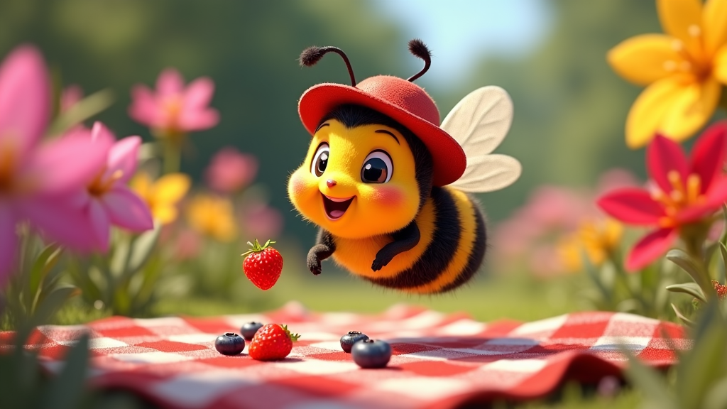 A cartoon bee at a picnic, nibbling on tiny bits of fruit, with a plethora of vibrant blossoms forming a vivid backdrop.