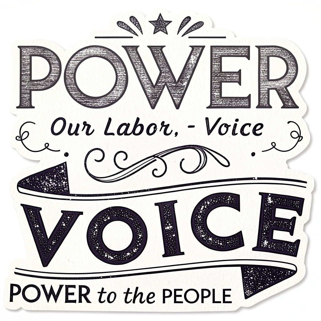 A typographic-focused sticker design using strong, distressed, or handwritten protest-style fonts. The words 'POWER' and 'VOICE' are heavily emphasized in size and boldness. The full slogans 'Power to the People' and 'Our Labor, Our Voice' are arranged dynamically, using visual hierarchy to convey impact.