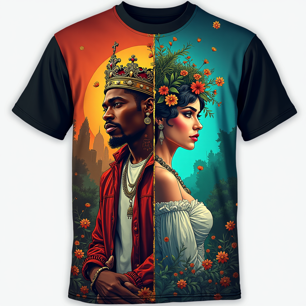 A split-design T-shirt: one half dedicated to 'Compton's Crown' (Kendrick Lamar) featuring regal, urban imagery and a crown motif. The other half represents 'Maplewood's Muse' (SZA) with ethereal, flowing visuals and nature-inspired or artistic elements. A central design element or tour name elegantly connects the two halves.