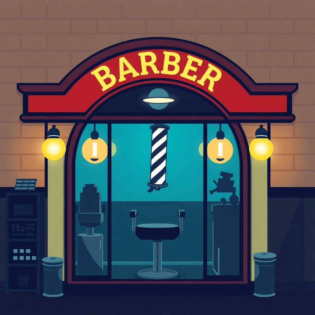 The image is an illustration of a barber shop. The shop has a red arch with the word Barber written in yellow letters above it. The entrance of the shop is made of glass and has a large window with a black and white striped barber pole hanging from the ceiling. There are two barber chairs on either side of the window, and a cash register on the left side. The walls are made of brick, and there are two trash cans on the ground in front of the entrance. The overall color scheme of the image is blue and yellow.