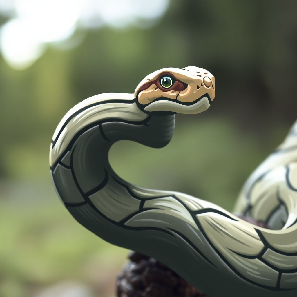 The image is a close-up of a snake's head and body. The snake is coiled up on a rock, with its body facing towards the right side of the image. Its head is turned slightly to the left, and its eyes are a bright green color. The body of the snake is a light grey color with a darker grey stripe running along its length. The background is blurred, but it appears to be a natural setting with trees and greenery. The image is animated, giving the snake a lifelike appearance.