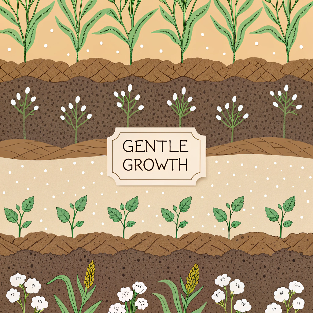 Patterns contrasting undisturbed no-till soil surfaces with the gentle emergence of textile crops (cotton, flax), depicting 'Gentle Growth' and the journey from conserved soil to sustainable material.