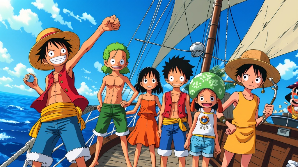 Detailed rendering of the Straw Hat Pirates standing together on the Thousand Sunny ship, with each character displaying their unique traits and powers in One Piece.