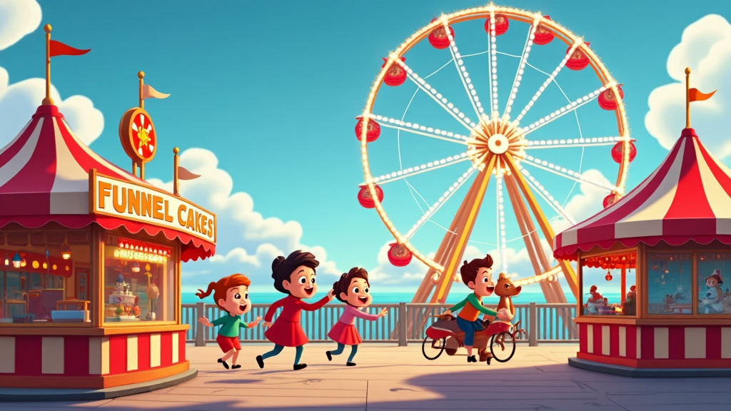 A vibrant holiday carnival scene at a cartoon seaside pier with a giant Ferris wheel draped in lights. Stalls selling funnel cakes and toffee apples line the walkway, and animated children ride in circles on a merry-go-round, with echoes of holiday laughter in the air.