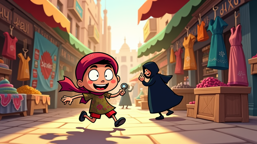 A humorous depiction of the Qatari kid detective chasing a sneaky suspect through the vibrant stalls of the souq.