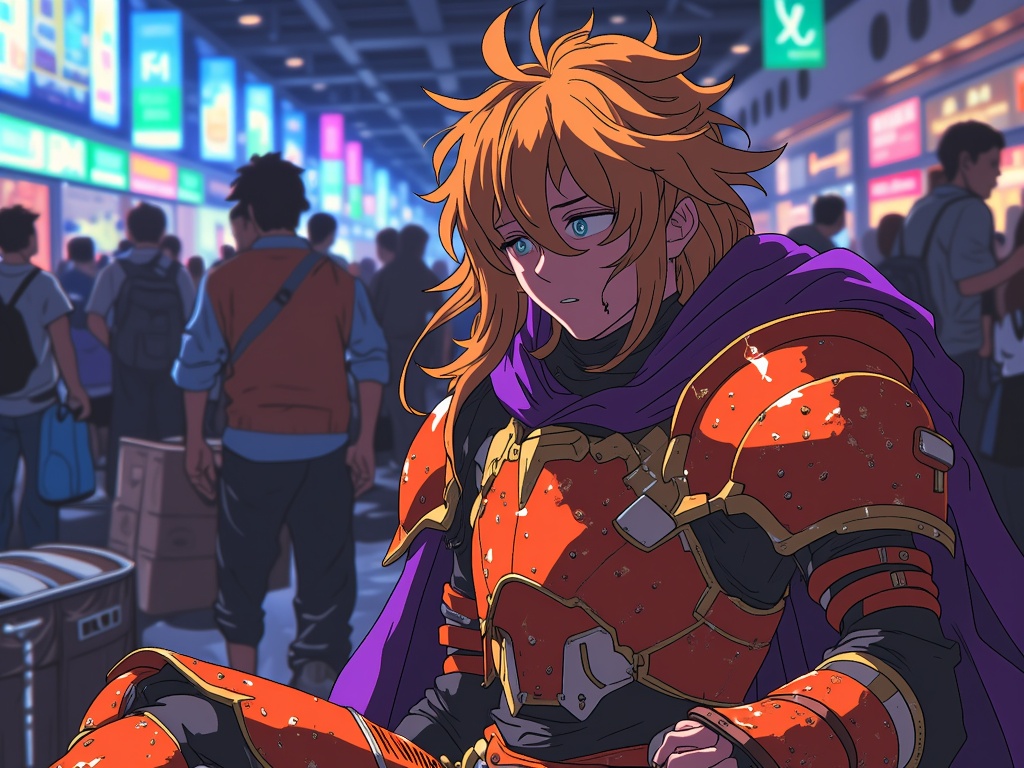 A cosplayer character carefully adjusting a complicated piece of their costume or taking off a heavy wig/helmet, finding a moment of relief and quiet contemplation in a secluded corner.
