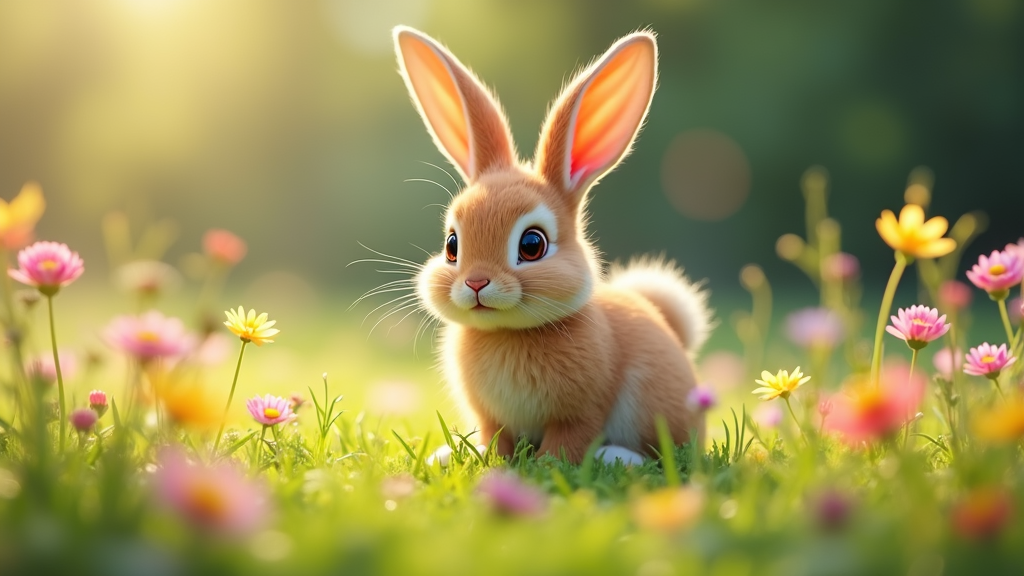 The image is a digital illustration of a small rabbit sitting in a field of colorful flowers. The rabbit is light brown in color with white fur and has large, pointed ears. It is looking directly at the camera with a curious expression. The background is blurred, but it appears to be a garden or meadow with green grass and pink and yellow daisies. The overall mood of the image is peaceful and serene.