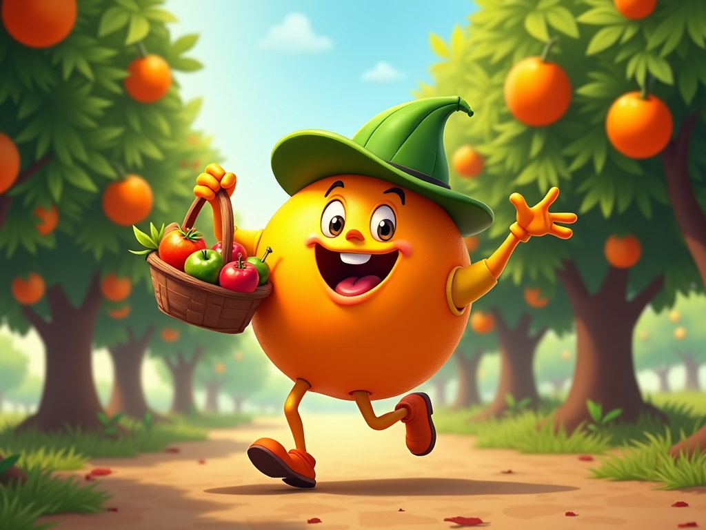 The image is a cartoon illustration of an orange character running through an orange grove. The character is wearing a green hat and has a big smile on its face. It is holding a basket of apples in its left hand and is waving with its right hand. The background shows rows of orange trees with ripe oranges hanging from their branches. The ground is covered in fallen leaves and there is a path leading away from the character. The overall mood of the image is cheerful and playful.