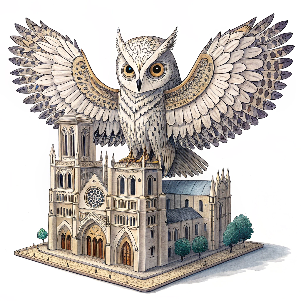 A sticker depicting a stylized owl (a frequent Kinetic Field mascot) perched atop a miniature, simplified version of the Kinetic Cathedral, with its wings spread wide and detailed with patterns inspired by the stage's design.