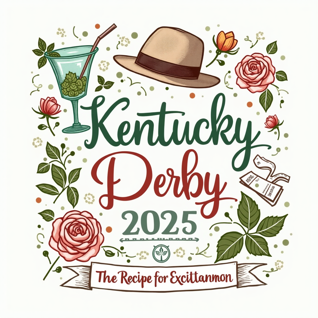 T-Shirt Design: 'Festive Derby Blueprint'. An infographic-style design showing 'ingredients' for a Derby day: Mint Julep sketch, Derby hat, racing horse silhouette, betting ticket, rose. Text: 'Kentucky Derby 2025: The Recipe for Excitement'.