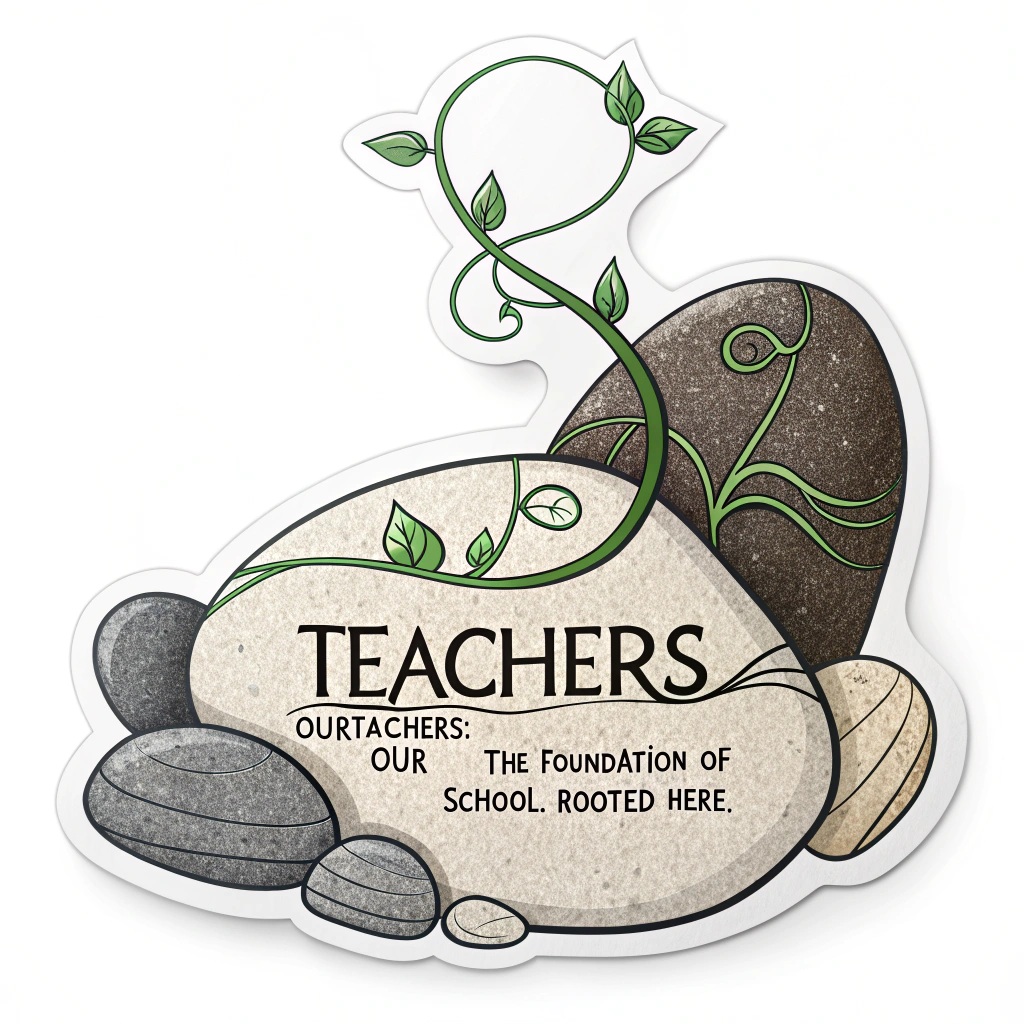 The 'Foundation Stone' Sticker: An illustration of interconnected stones forming a strong foundation, with one prominent stone engraved with 'Teachers'. Green shoots or vines grow between the stones. Text: 'Our Teachers: The Foundation of Our School. Rooted Here.'