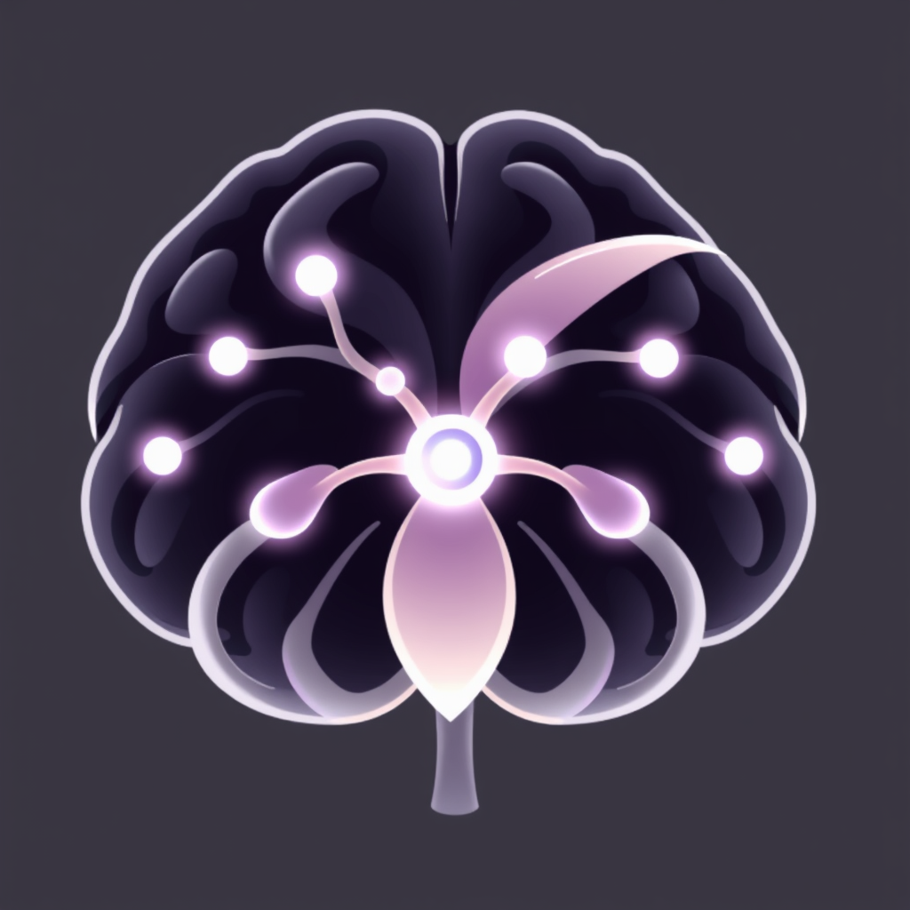 Synaptic Petals: A stylized brain icon where its convolutions and neural pathways gracefully transition into or are depicted as soft, unfolding flower petals. The connection points or synapses could be highlighted with subtle glows, and the petals might carry faint circuitry patterns or organic textures.