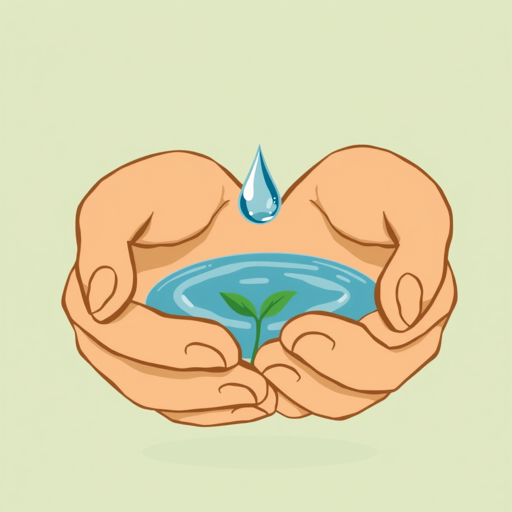 Sub-Design Idea 4: An illustrative concept featuring stylized hands (representing humanity, care, or nature itself) gently cupping and offering a pure, clear water droplet towards a miniature Earth or a budding plant, emphasizing stewardship, preciousness, and the gift of water.