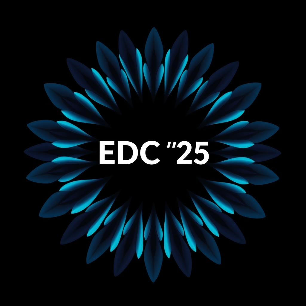 Pulsating Petal Array: An abstract logo showcasing stylized bioluminescent daisy petals arranged in a dynamic, vortex-like pattern, implying a rhythmic pulse of light and energy within the Nocturnal Garden. The 'EDC '25' text is centrally located or radiates outwards, appearing as the source of this nocturnal energy.
