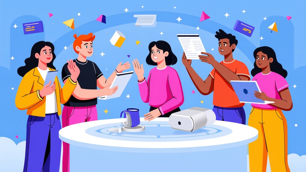 Illustrate diverse avatars of developers collaborating in a shared virtual space, using holographic tools and interfaces to build and test MR/metaverse applications. Floating code snippets and 3D models could be part of the environment.