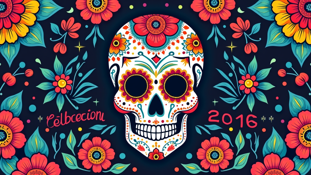 Grand Calavera Picado: A single, large, and ornate Papel Picado design focusing on a festive Calavera (sugar skull) detailed with floral and traditional patterns. The design uses negative space effectively to create the 'cut paper' look, with 'Celebración' or the year incorporated.