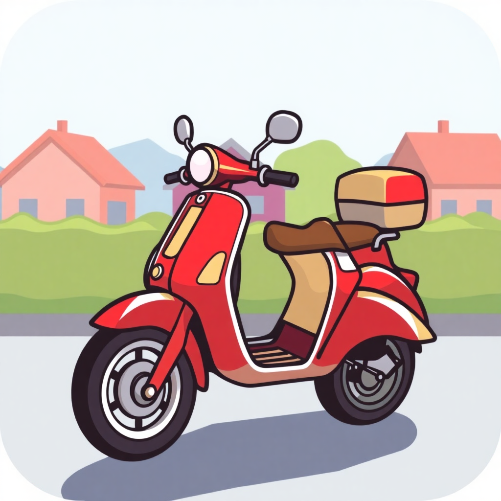 The image is an illustration of a red scooter with a brown seat and a yellow box on the back. The scooter is parked on a street with houses and mountains in the background. The sky is blue and the grass is green. The houses are pink and have a red roof. The motorcycle has a round headlight and two side mirrors on the front. The wheels are black and the tires are silver. The overall style of the illustration is cartoon-like.